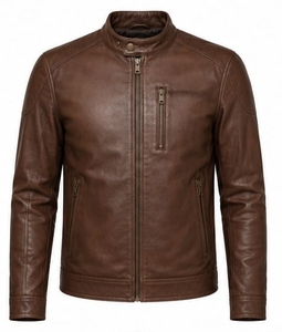 Chaqueta de moto de cuero original para hombre, azul y marrón, con cuello alto, cierre de cremallera, corte ajustado, manga regular, estilo color block para otoño - Product Image 1