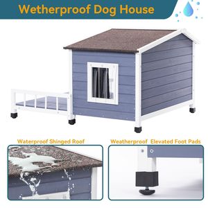 Grande casa per cani in legno aperta impermeabile in asfalto tetto esterno coperto terrazza pavimento rialzato finestre tende per piccole medie - Product Image 6