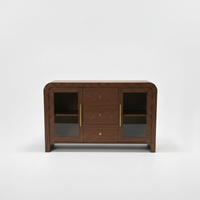 Buffet de salon avec trois tiroirs centraux et trois portes vitrées latérales, en bois d'hévéa écologique, MDF et chêne