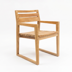 Fauteuil en bois moderne et minimaliste avec design à lattes, pieds et accoudoirs carrés en teck naturel pour usage en parc - Product Image 3