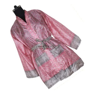 KS015 Hermoso Kimono Sari Vintage, Túnica Corta, Estampado Floral de Verano, Estilo Bohemio, Manga Larga, para Vacaciones - Product Image 4