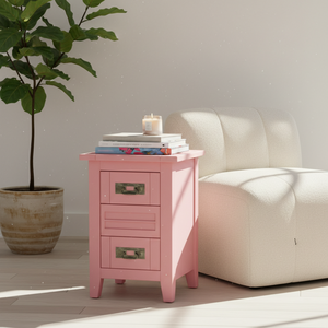 Table basse moderne et durable avec 2 tiroirs, en bois d'hévéa blanc et MDF, meubles de salon, marque PKP, rose - Product Image 3