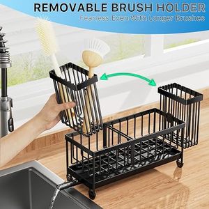 Égouttoir de cuisine métallique à double niveau avec roulettes, support de rangement étanche pour ustensiles, éponges et distributeur de savon - Product Image 3