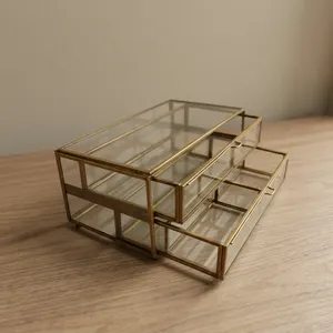 Organizador de Cosméticos de Hierro y Vidrio de Diseño Artesanal con Cajones, Caja de Almacenamiento de Maquillaje y Joyería Dorada para Collares y Anillos B1137 India - Product Image 2