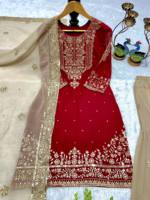 Completo Abito Designer in Georgette con Ricamo a Specchio e Paillettes, Top, Sharara e Dupatta, Colore Bordeaux, Moderno, Alta Qualità, Casual, per Esterni