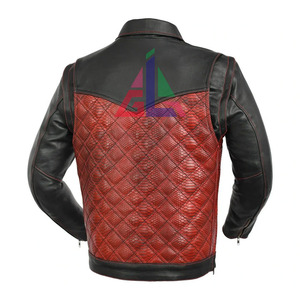 <b>Men's</b> Motorcycle <b>Leather</b> <b>Jacket</b> Red Diamond Quilted Body Black Sleeves Shirt Collar Button Snaps - Product Image 1