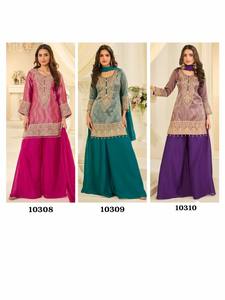 Ensemble indien exporté en soie jacquard avec broderies de perles et motif tissé Zari, manches longues, pantalon palazzo évasé, pour occasions spéciales - Product Image 2