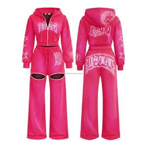 Conjunto de Dos Piezas para Mujer, Otoño-Invierno, Estampado, Chaqueta Corta con Capucha de Manga Larga y Pantalones Largos, Estilo Casual - Product Image 1