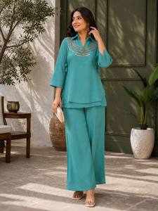 Ensemble indien pakistanais pour femmes, chemise à manches longues et pantalon large, orné de perles turquoise, tenue modeste pour tous les jours et les fêtes - Product Image 3