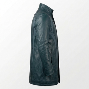 Abrigo Largo de Cuero Genuino para Hombre en Verde Azulado Oscuro con Paneles Curvos Personalizados, Cremallera y Cuello Alto - Exportador - Product Image 3
