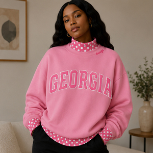 Sudadera beige gruesa con ribete de lunares, personalizada para equipos escolares, estilo casual y urbano para mujer, con cuello simulado. - Product Image 1
