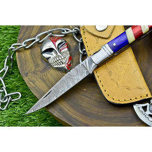 Couteau de poche multifonctionnel Burraq fait main en acier Damas avec étui en cuir, idéal pour un cadeau d'anniversaire ou un cadeau pour témoin de mariage - Product Image 2