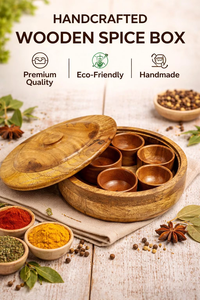 Boîte à épices en bois artisanale ronde Masala Dabba avec 8 compartiments, organisateur traditionnel de rangement pour épices de cuisine - Product Image 5