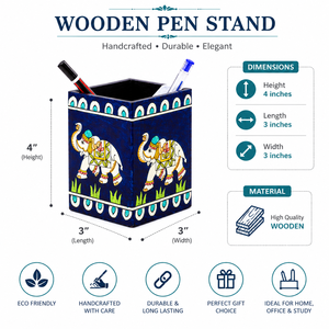 Hand Painted Wooden Rectangle Pen Stand | <b>Elephant</b> Design Desk Organizer | Handmade Back School Office Home Desktop Pencil - Product Image 5