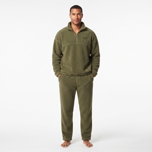 Hot Selling Trendy Olive <b>Green</b> Two Piece For <b>Men</b> Sherpa Fleece Winter <b>Tracksuit</b> Stand Collar Hoodie Jogger Set - Product Image 2