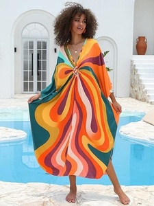 V Neck Maxi Kaftan Long Sleeve Loose Fit Geometric Print <b>Wrap</b> Tie Front Summer Beach Dress Breathable Woven Fabric Women's - Product Image 2