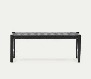 Banco Moderno de Cuero Negro Tejido para Dormitorio y Entrada, Banco Minimalista de Madera Maciza para Hotel, Sala de Estar - Product Image 3
