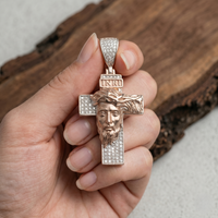 Collar con Colgante de Cruz Cristiana Hip Hop, Chapado en Oro Rosa sobre Plata 925, Micro Pavé de Moissanita, Certificado por Terceros