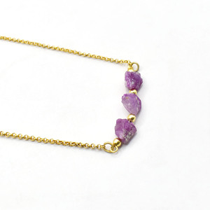 Raw Ruby Three Stone Necklace Gold Plated Cable Chain Handmade Birthstone Gemstone Jewelry Gift for Women Wife <b>Girlfriend</b> - Product Image 4