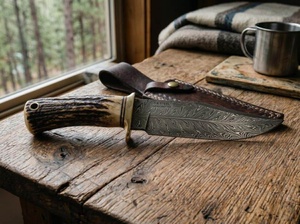Couteau de chasse en acier de Damas, lame à pointe tombante avec manche en os, couteau de survie artisanal pour l'extérieur - Product Image 3