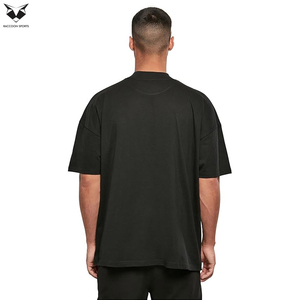T-shirts à col montant doux au toucher, style décontracté noir uni, avec logo personnalisé, tissu lavé de qualité supérieure, poids 200 grammes - Product Image 2