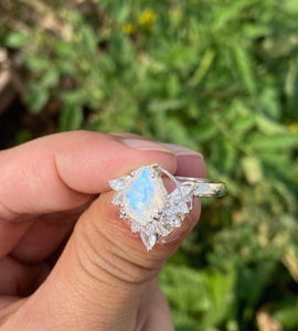 Pear Moonstone <b>Ring</b> Sterling Silver <b>CZ</b> Halo Teardrop Gemstone Statement Engagement Style Women Jewelry - Product Image 3
