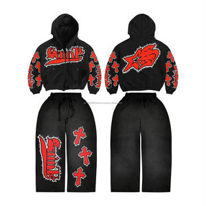 Ensemble survêtement streetwear homme en coton, avec sweat à capuche zippé et pantalon de survêtement évasé, motif graphique personnalisé, délavé, effet acid wash et strass - Product Image 1