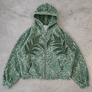 Thorn Embroidery Womens Leopard Print Zipper <b>Hoodies</b> Retail Collections Private Label Sample Requests Size Options Y2K <b>Aesthetic</b> - Product Image 3