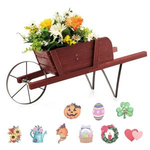 2-in-1 Wooden Wagon Wheelbarrow Planter with 9 Magnetic Accessories Halloween Decoration for Garden Yard - Product Image 5