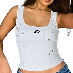 Luxury <b>Rhinestone</b> Studded Ribbed Crop Tank <b>Top</b> Slim Fit Sleeveless Fashion <b>Top</b> <b>Rhinestone</b> Detail Stretch Slim Fit Women's Shirts - Product Image 5