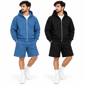 Custom Logo Speckled Zip Up Men's Hoodies <b>Rhinestone</b> <b>Top</b> Clothing Tracksuit Jogger Sets Cotton Stone Windbreaker Hooded Shorts - Product Image 1