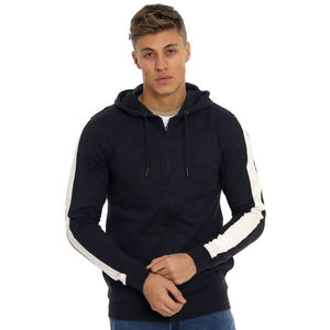 <b>Mens</b> Full Zip Hoodie <b>Black</b> Hooded <b>Sweatshirt</b> White Stripe Sleeve Casual Zip Up Hoodie - Product Image 2
