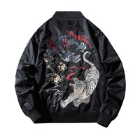 Blouson bomber noir brodé de fleurs pour homme, col montant, fermeture éclair, streetwear, coupe-vent, manteau d'automne