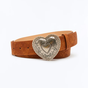 Cinturones de Cuero Vintage Color Bronceado para Mujer, con Patrón Floral en Relieve, Hebilla de Corazón Metálica, Cinturón de Cintura, Accesorio de Moda Sexy para Damas - Product Image 1
