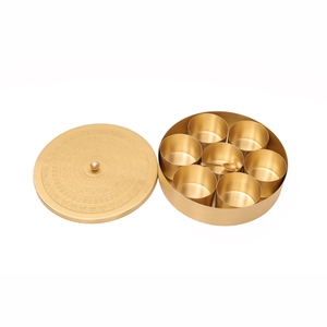 Luxury Brass Masala Dabba Embossed Spice <b>Box</b> Set with 7 Containers <b>Small</b> Spoon <b>Metal</b> Spice Organizer Container for Kitchen - Product Image 1