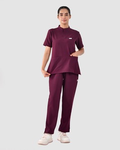 Burgundy Wine Medical Scrub Set <b>Women</b> <b>Short</b> Sleeve Mandarin Collar Scrub Top with Pockets and Matching <b>Trousers</b> Uniform - Product Image 3