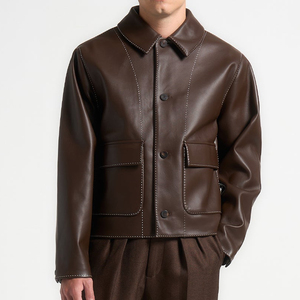 Chaqueta de Cuero Marrón para Hombre, Estilo Workwear, Cuello Camisero, Cierre de Botón, Corte Regular, Color Sólido, Cuero Genuino - Product Image 1