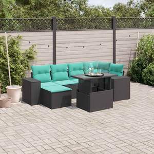 Set di divani da giardino in polyrattan nero da 7 pezzi con cuscini, mobili da giardino - Product Image 1