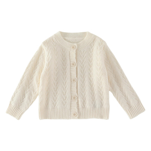 Cardigan en tricot beige, uniforme scolaire, pull à manches longues et col rond, pull ajouré à boutons pour filles - Product Image 3