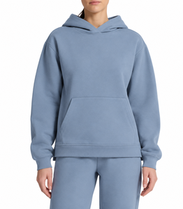 <b>Womens</b> Oversized Pullover Hoodie Pure Cotton Fleece Breathable Kangaroo Pocket Solid Blue Hooded <b>Sweatshirt</b> - Product Image 1