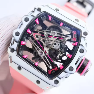 Montre sport et décontractée de luxe légère et entièrement squelettée de forme tonneau RM AMG Factory en rose et blanc, montre mécanique - Product Image 5