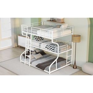 Letto a castello triplo bianco Full XL con letto singolo XL sopra e letto matrimoniale sotto, con scaletta lunga e corta, in metallo - Product Image 6