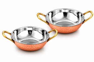 Durable Safe New Design Hammered <b>Copper</b> Finish Stainless Steel Kadai Serving Bowl with Decorative Brass Handles - Product Image 1