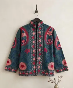 Bohemian Blue <b>Velvet</b> Suzani Embroidered <b>Jacket</b> with Floral Print Full Sleeve Stand Collar Handmade <b>Women's</b> Autumn Outerwear - Product Image 1