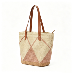 Customized Diamond inlay woven straw tote <b>bag</b>,blush pink geometric straw <b>basket</b> shopper,two‑tone woven tote - Product Image 3