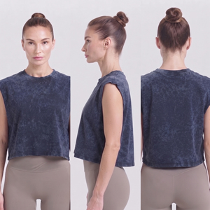 Chaleco corto de gimnasio para mujer al por mayor, con lavado ácido, cuello redondo, sin mangas, estilo vintage, de tejido grueso - Product Image 6