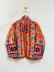 Peach Multicolor Waterproof Zipper Embroidered <b>Velvet</b> Winter <b>Jacket</b> with Traditional Botanical Floral Design - Product Image 1