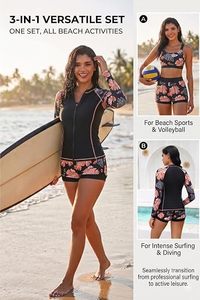 Women's 3 Piece Swimwear Set High Neck <b>Long</b> <b>Sleeve</b> Top Bandeau Bra Shorts Floral Print Contrast Binding Spandex Polyester - Product Image 2