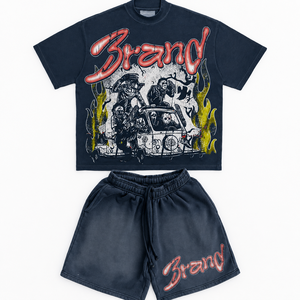 Men Breathable Summer Washed Horror Graphic T-<b>Shirt</b> Shorts Set Oversized Gothic Streetwear <b>Flame</b> Print Vintage Matching - Product Image 1