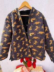FABRICATEFIZZ Formal Tiger Printed <b>Velvet</b> <b>Quilted</b> Hooded Maxi Jacket Reversible Design Eco-Friendly Cotton Filling Women's - Product Image 1